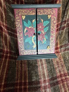 Hand-Painted Poinsettia Jewelry/Key Cabinet - Teal & Burgundy